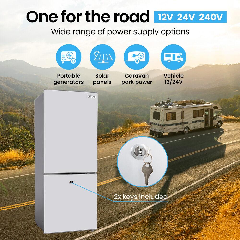 GECKO 139L Upright Portable Fridge / Freezer, 12V/24V/240V for Motorhome and Caravan, Silver