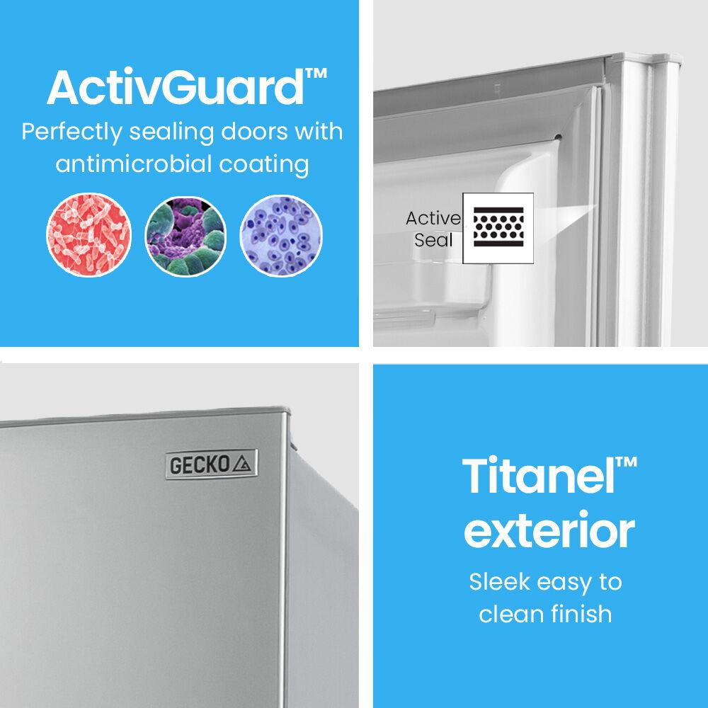 GECKO 139L Upright Portable Fridge / Freezer, 12V/24V/240V for Motorhome and Caravan, Silver