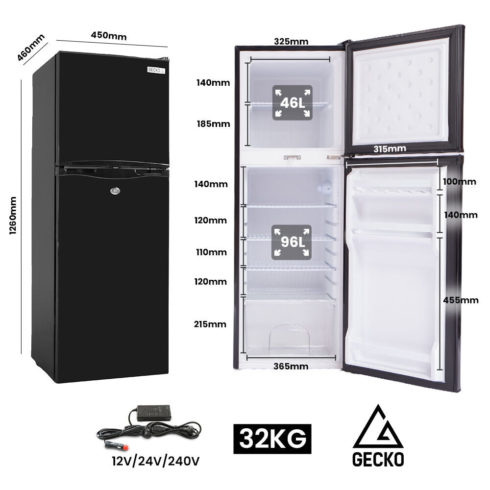 GECKO 142L Upright Portable Fridge / Freezer, 12V/24V/240V for Motorhome and Caravan, Black