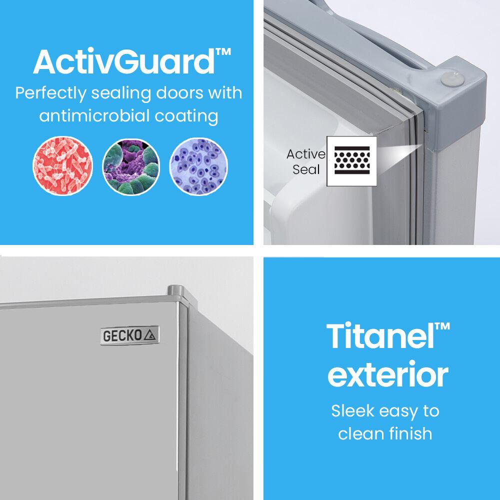 GECKO 142L Upright Portable Fridge / Freezer, 12V/24V/240V for Motorhome and Caravan, Silver