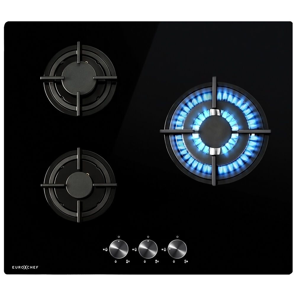 EUROCHEF 60cm 3 Burner Gas Cooktop, with Wok Burner, Tempered Glass, Natural Gas &amp; LPG, Black