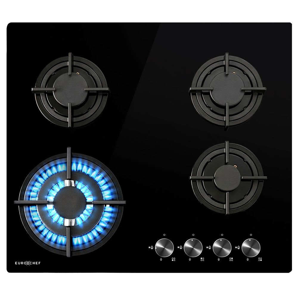 EUROCHEF 60cm 4 Burner Gas Cooktop, with Wok Burner, Tempered Glass, Natural Gas &amp; LPG, Black