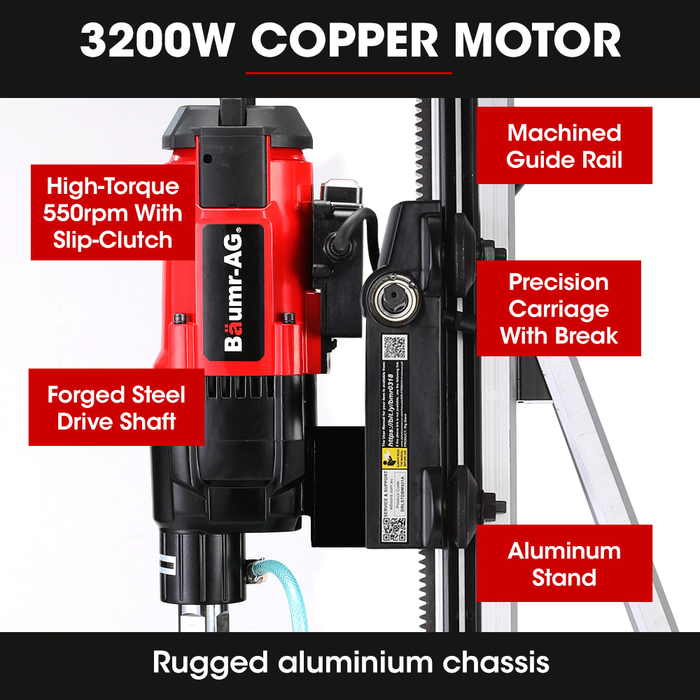 BAUMR-AG 3200W 300mm Wet/Dry Core Drill w/ Wheeled Rig Stand Combo, for Concrete Coring Hole Drilling