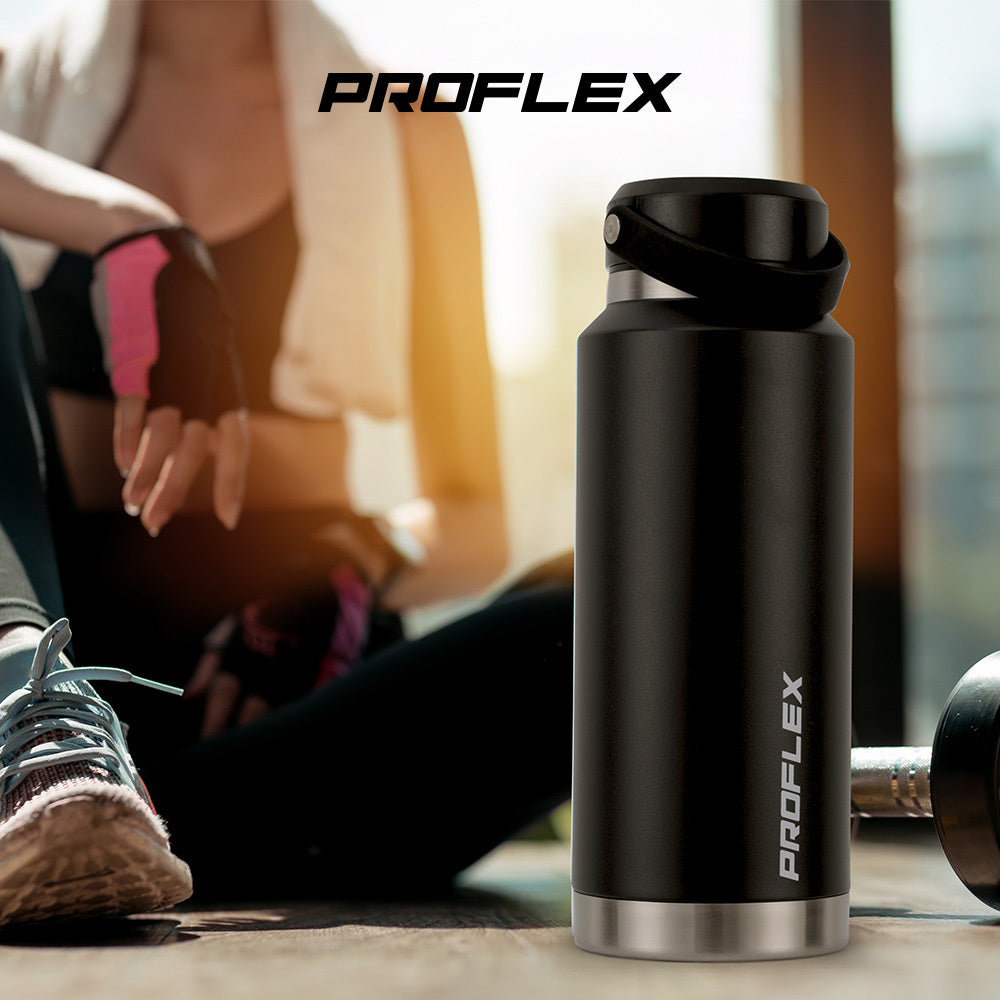 Proflex 1L Double Wall Insulated Stainless Steel Water Bottle, Drink Jug with Handle, Black