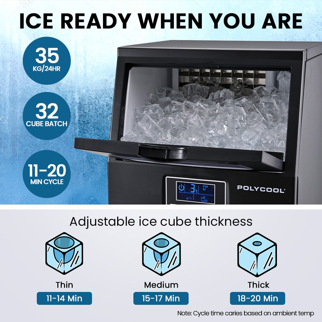 POLYCOOL Commercial Ice Maker Machine, up to 35kg/24hr, Timer & Self Cleaning Programs