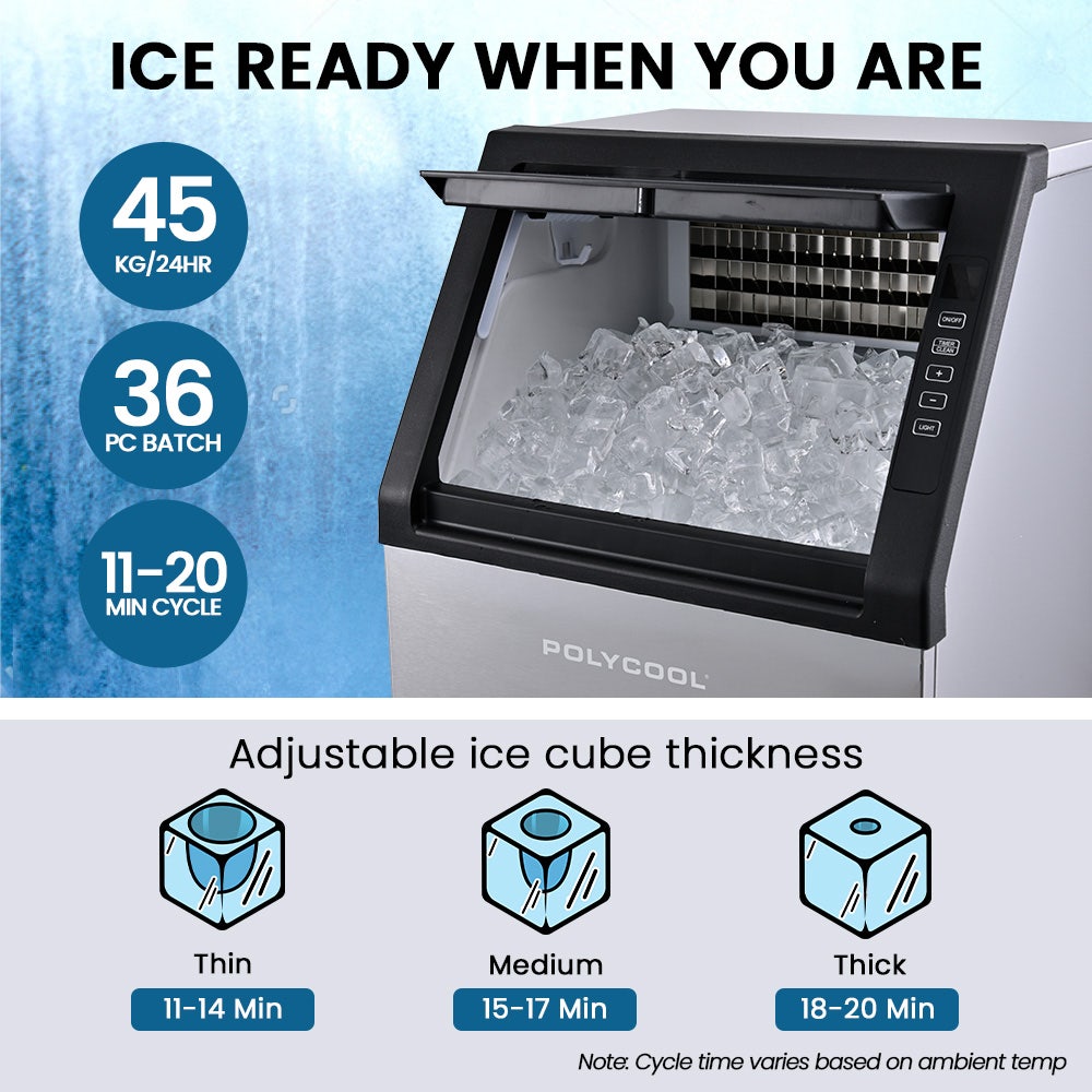 POLYCOOL Commercial Ice Maker Machine, up to 45kg/24hr, Timer & Self Cleaning Programs