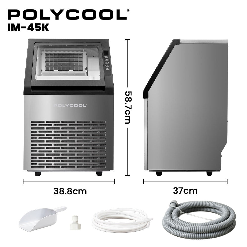 POLYCOOL Commercial Ice Maker Machine, up to 45kg/24hr, Timer & Self Cleaning Programs