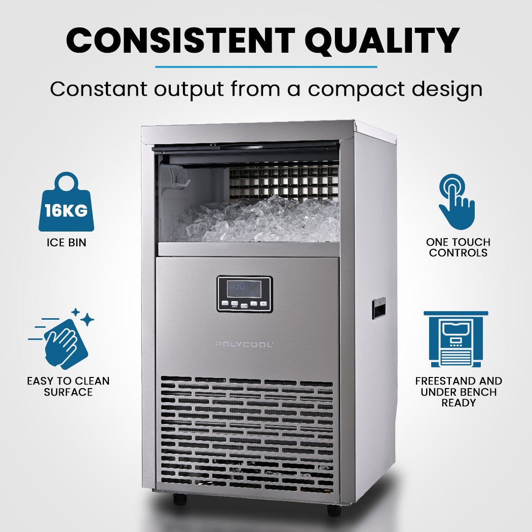 POLYCOOL Commercial Ice Maker Machine, up to 75kg/24hr, Timer & Self Cleaning Programs
