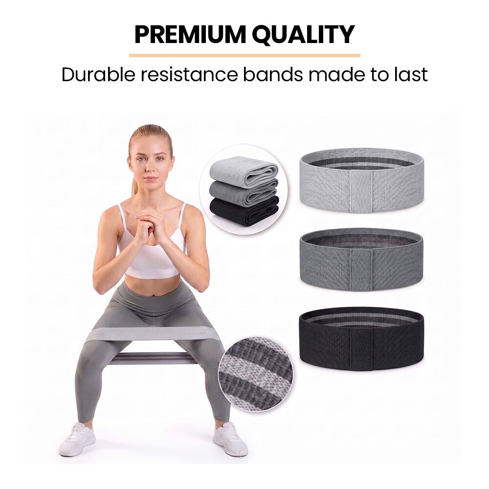 PROFLEX 3-Piece Hip Resistance Band with Storage Bag, Grey, Dark Grey, Black Pack