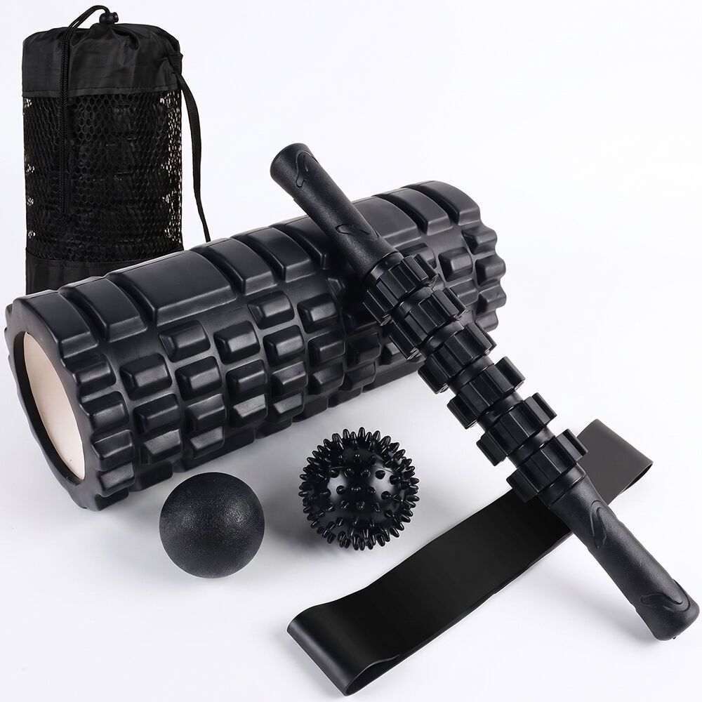 PROFLEX 6-Piece Foam Roller &amp; Massage Set with Massage Stick, Balls, Stretching Band &amp; Carry Bag, Black