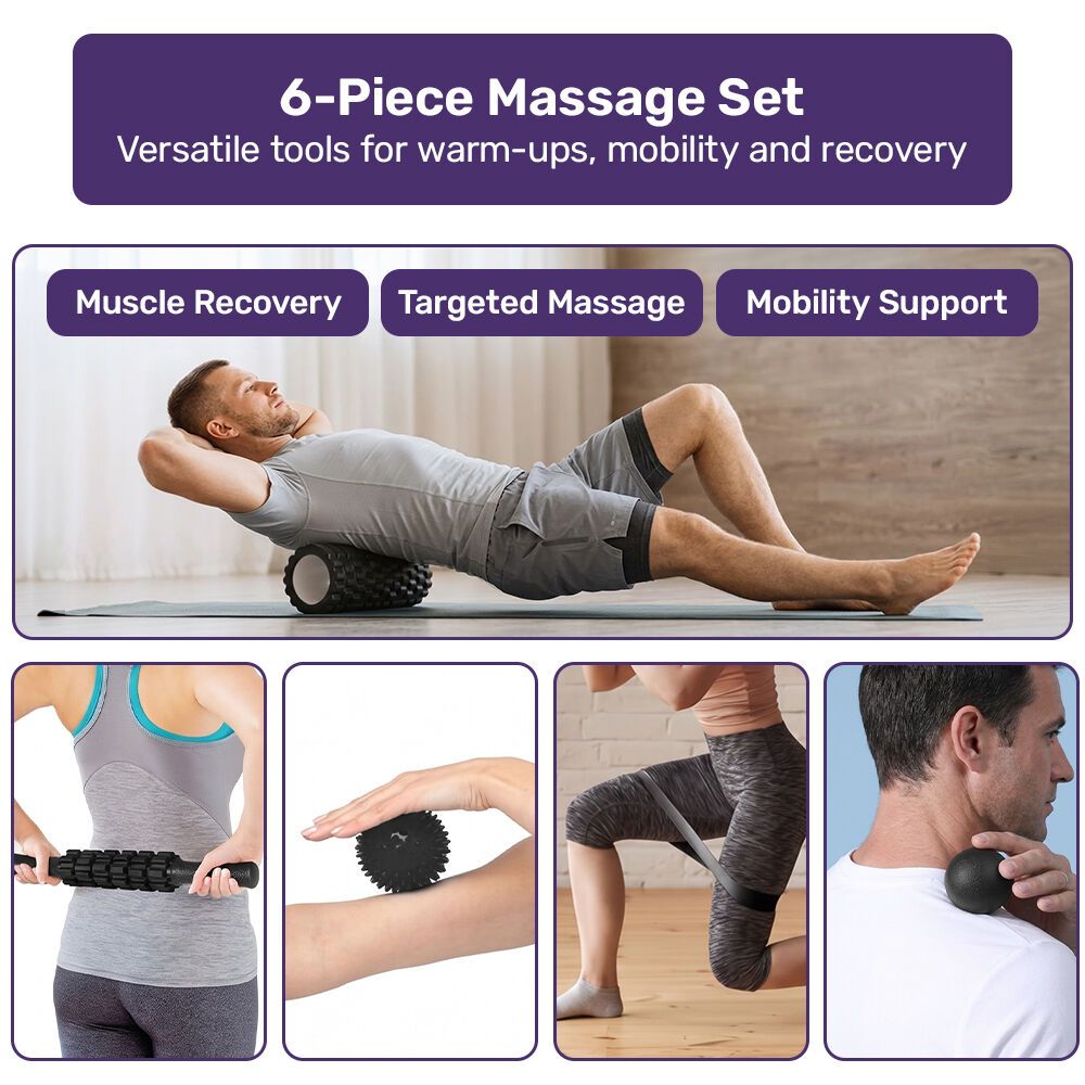 PROFLEX 6-Piece Foam Roller & Massage Set with Massage Stick, Balls, Stretching Band & Carry Bag, Black