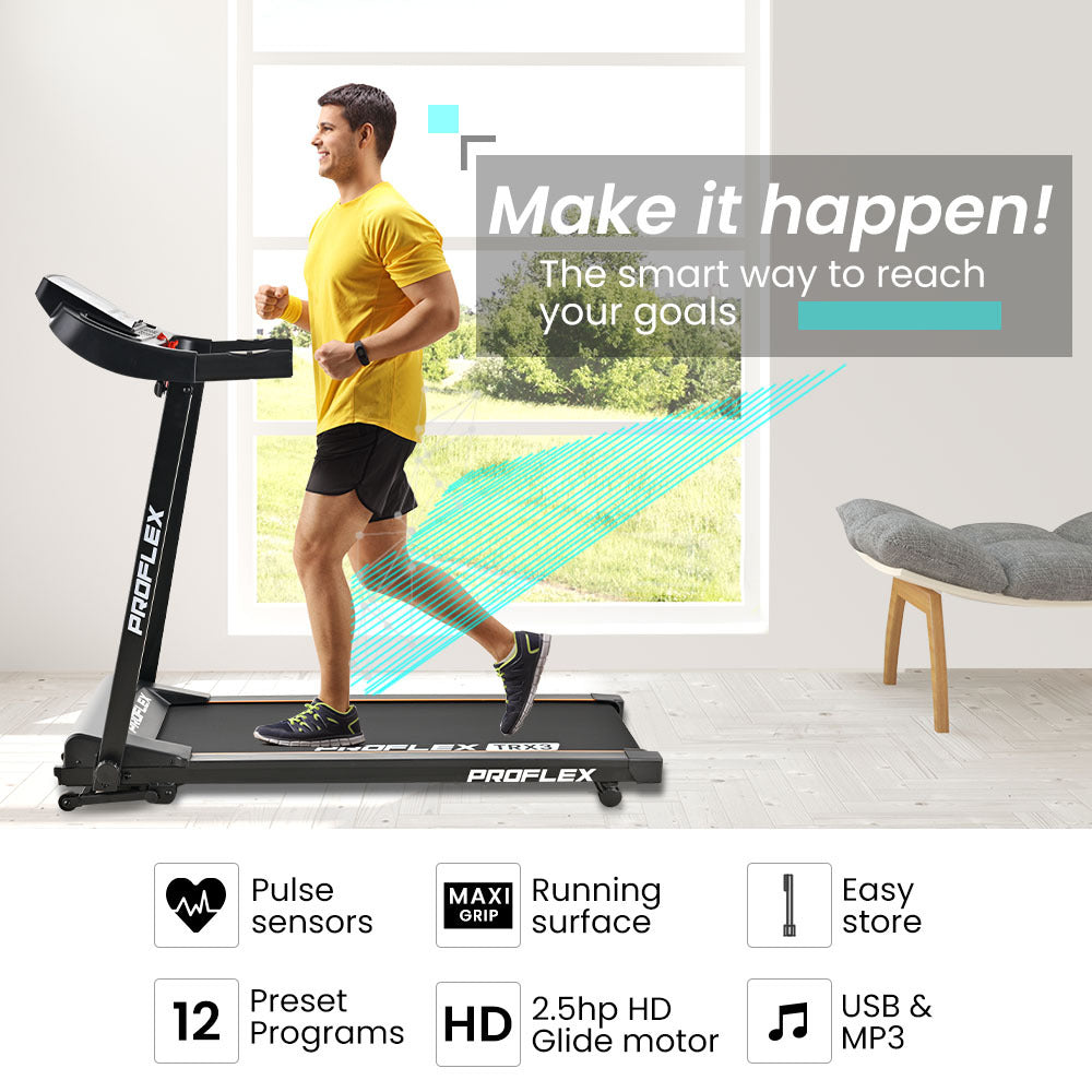 PROFLEX TRX3 Electric Treadmill, Compact Size, Foldable, USB/MP3, Pulse Sensors