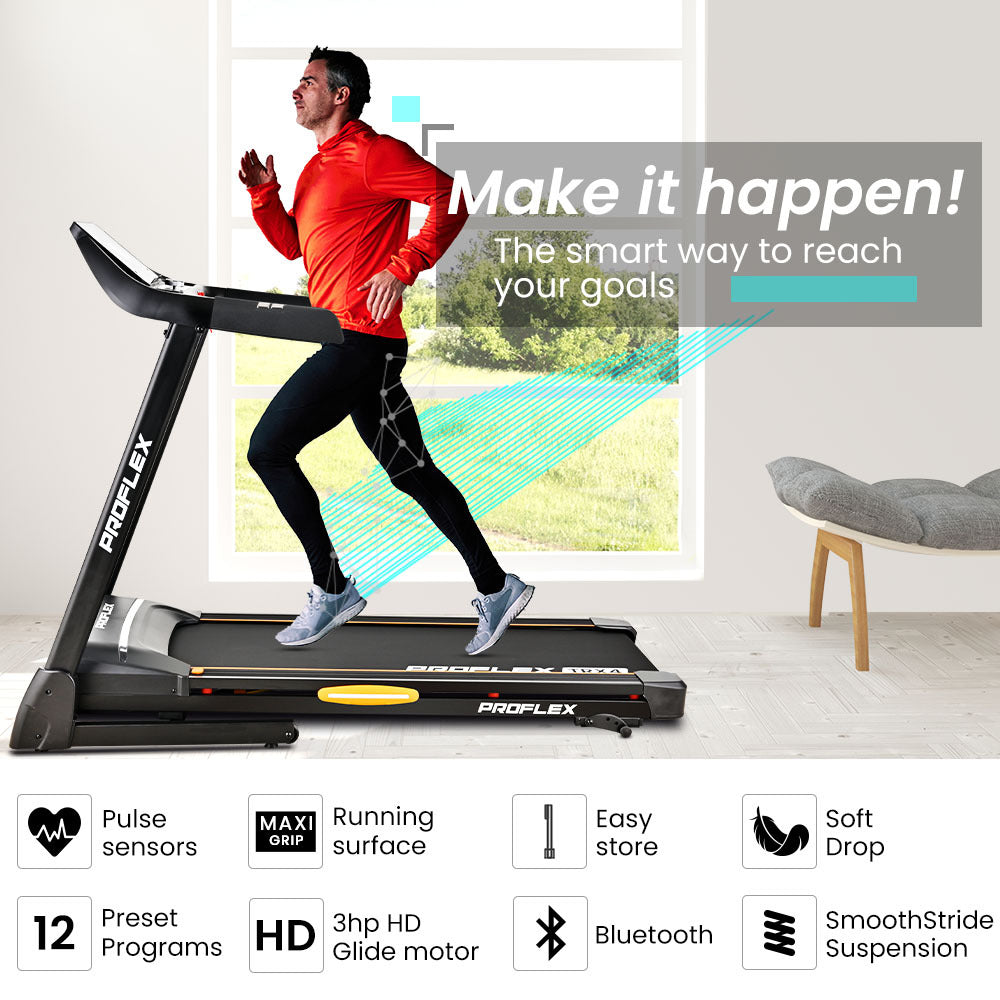 PROFLEX TRX4 Electric Treadmill, Medium Size, Foldable, Suspension, Bluetooth, USB/MP3, Pulse Sensors, Fitness Tracker