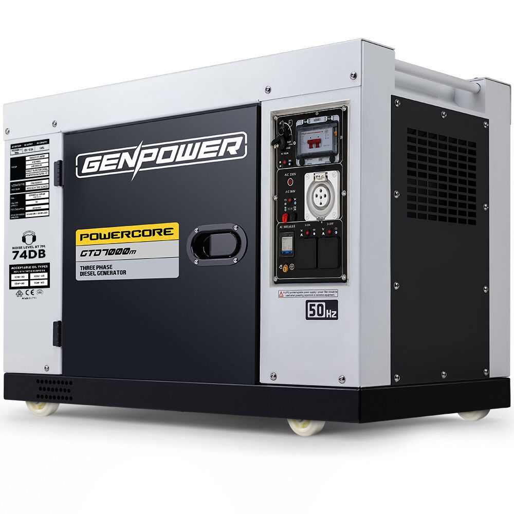 GENPOWER 7kW Peak 5kW Rated Commercial Diesel Generator, Three Phase 415V, Electric Start, Sound-Insulated, RCD Safety Switch, Worksite &amp; Backup Power