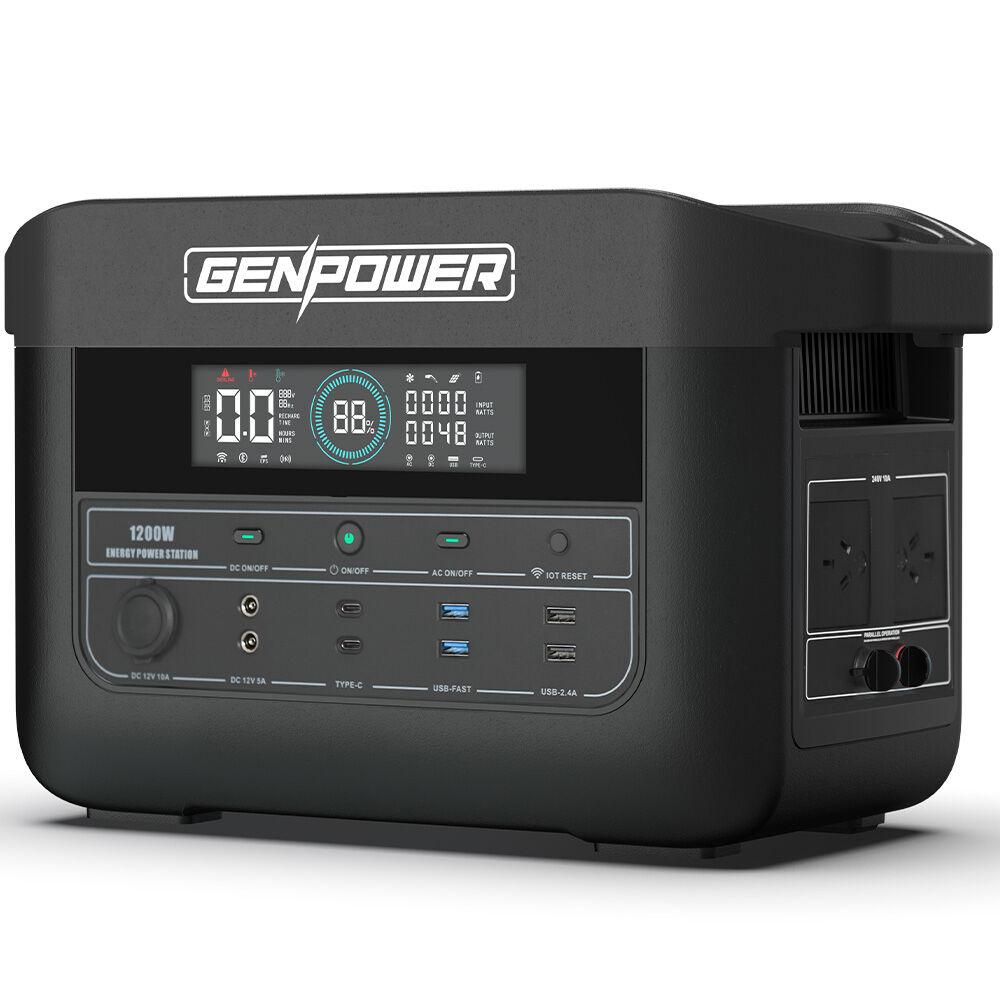 GENPOWER 1200W Portable Lithium Power Station 1075Wh LiFePo4, Multiple Voltage Output, 15W Wireless Charger, Ideal for Camping, Home Backup and Power Tools