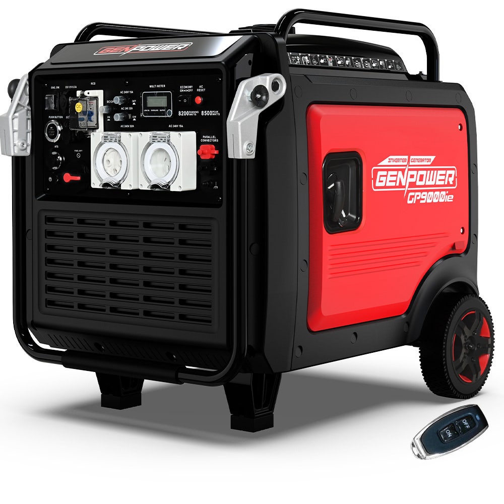 GENPOWER 8.5kW Peak 8.2kW Inverter Generator, Push Button &amp; Remote Start, ATS Compatible, RCD, Portable w/ Wheels, 27L Fuel Tank, Grid Power Home Backup