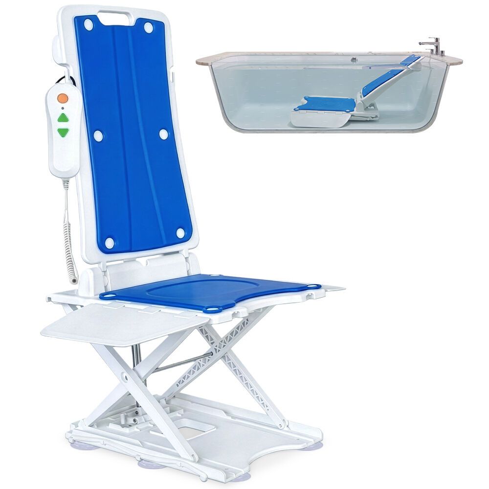 EQUIPMED Motorised Bath Lift Chair, Electric Battery Operated Reclining Seat, Bathing for Elderly &amp; Disabled, 136kg Capacity Blue