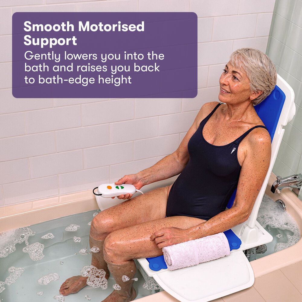 EQUIPMED Motorised Bath Lift Chair, Electric Battery Operated Reclining Seat, Bathing for Elderly & Disabled, 136kg Capacity Blue