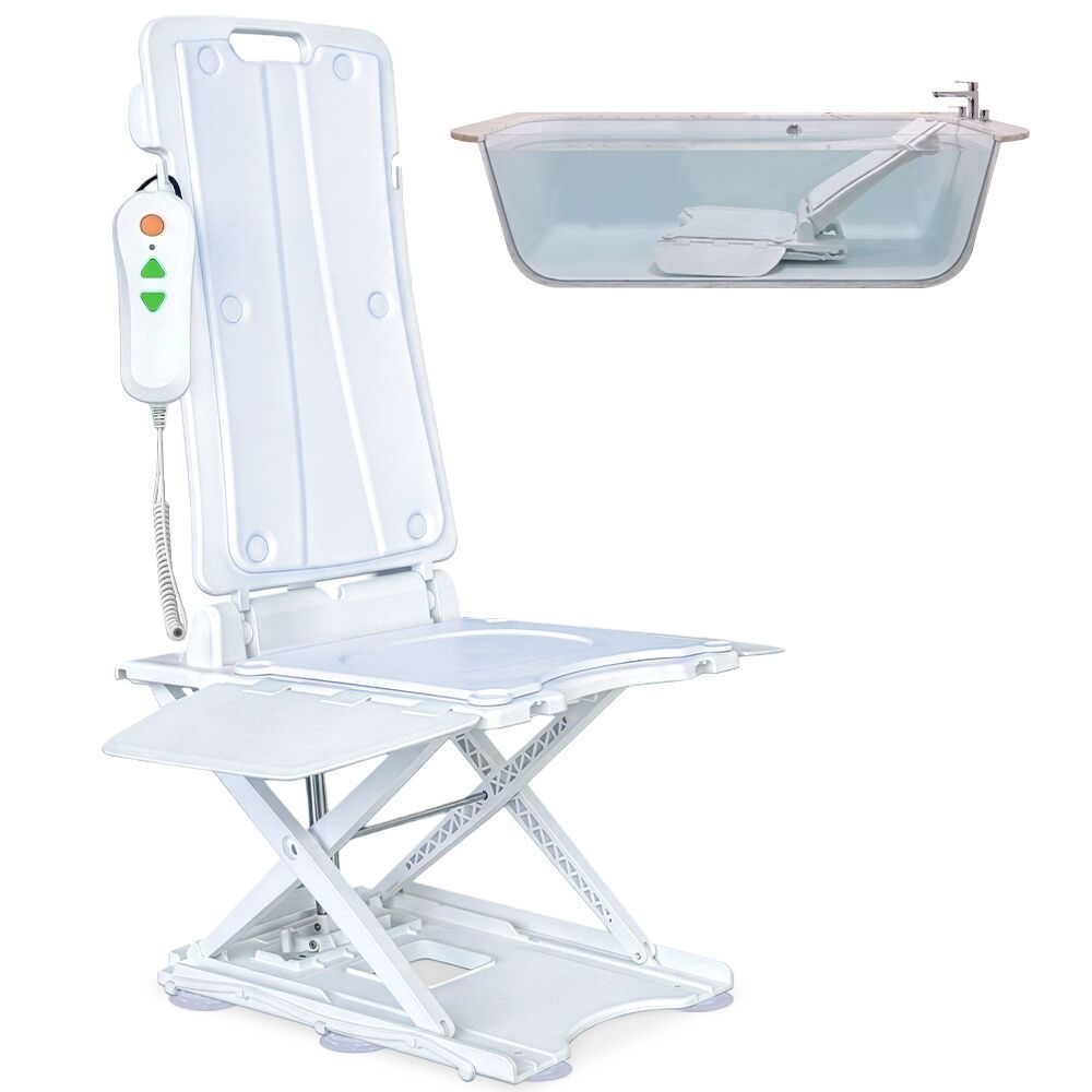 EQUIPMED Motorised Bath Lift Chair, Electric Battery Operated Reclining Seat, Bathing Aid for Elderly &amp; Disabled, 136kg Capacity White