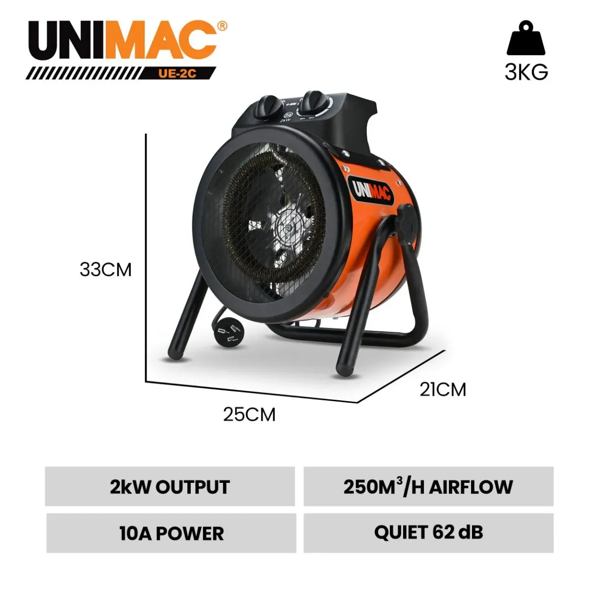 UNIMAC 2kW Industrial Electric Space Fan Heater, 10A, Adjustable Thermostat, Tilt Angle, Fast Heating, 2 Heat Settings, Portable for Workshop and Garage Use