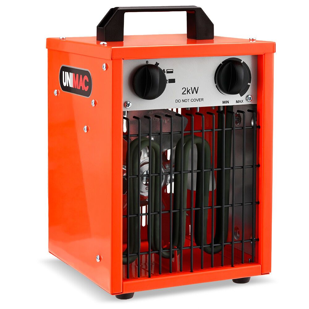 UNIMAC 2kW Industrial Electric Fan Heater, 2 Heat Settings, Fast Heating, Compact Portable Box Design for Workshop and Garage Use