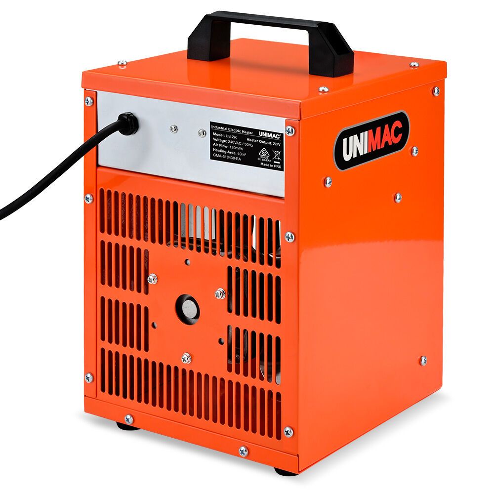 UNIMAC 2kW Industrial Electric Fan Heater, 2 Heat Settings, Fast Heating, Compact Portable Box Design for Workshop and Garage Use