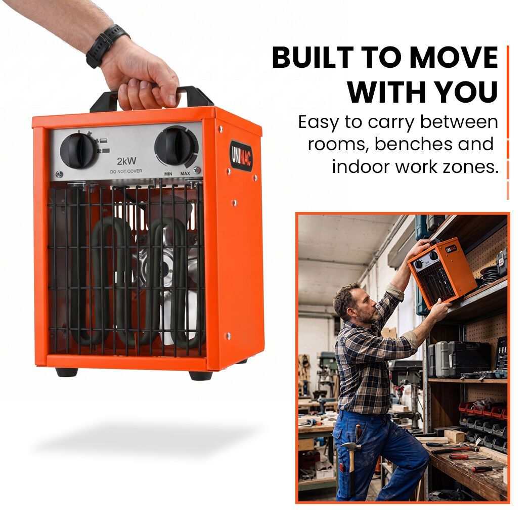 UNIMAC 2kW Industrial Electric Fan Heater, 2 Heat Settings, Fast Heating, Compact Portable Box Design for Workshop and Garage Use
