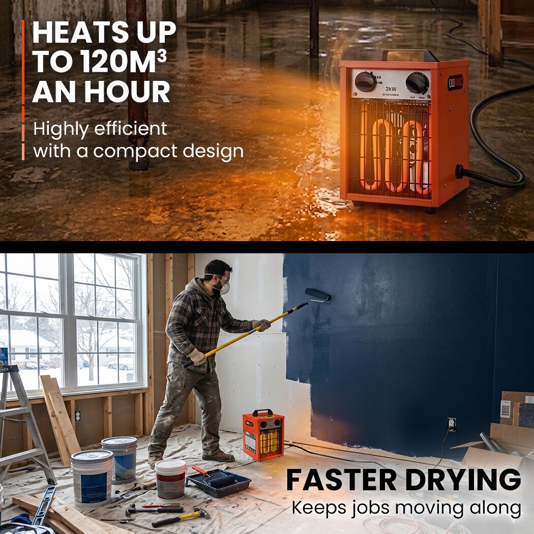 UNIMAC 2kW Industrial Electric Fan Heater, 2 Heat Settings, Fast Heating, Compact Portable Box Design for Workshop and Garage Use