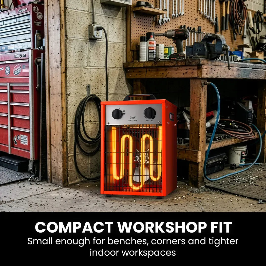 UNIMAC 3kW Industrial Electric Fan Heater, 15A, Adjustable Thermostat, 2 Heat Settings, Fast Heating, Compact Portable Box Design for Workshop and Garage Use