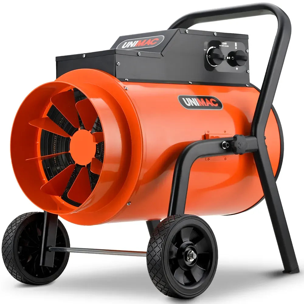 UNIMAC 15kW Portable Industrial Electric Space Fan Heater, 32A 3 Phase, Wheel Mounted, Adjustable Thermostat, High Power for Workshop and Warehouse Use