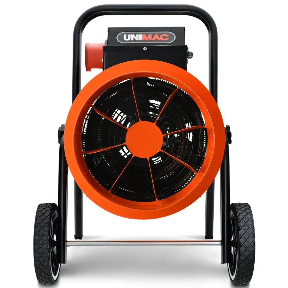UNIMAC 15kW Portable Industrial Electric Space Fan Heater, 32A 3 Phase, Wheel Mounted, Adjustable Thermostat, High Power for Workshop and Warehouse Use