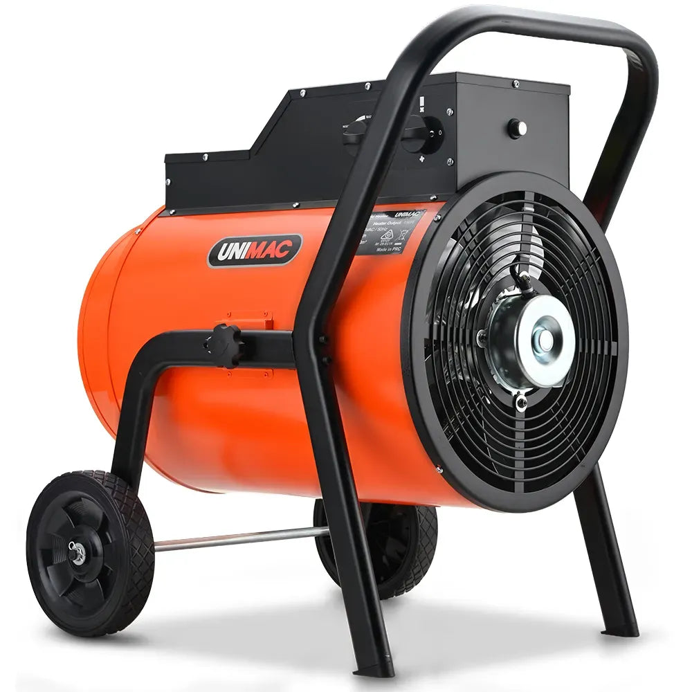 UNIMAC 15kW Portable Industrial Electric Space Fan Heater, 32A 3 Phase, Wheel Mounted, Adjustable Thermostat, High Power for Workshop and Warehouse Use