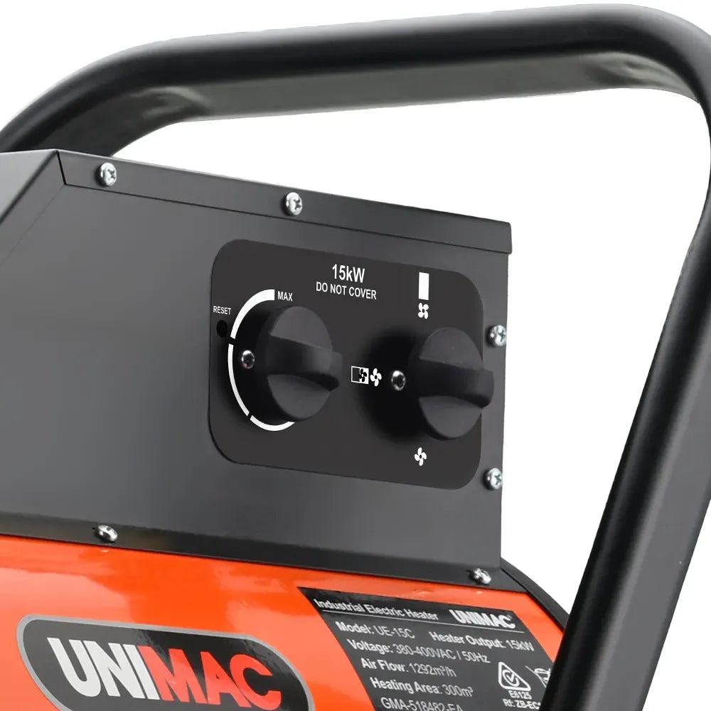 UNIMAC 15kW Portable Industrial Electric Space Fan Heater, 32A 3 Phase, Wheel Mounted, Adjustable Thermostat, High Power for Workshop and Warehouse Use