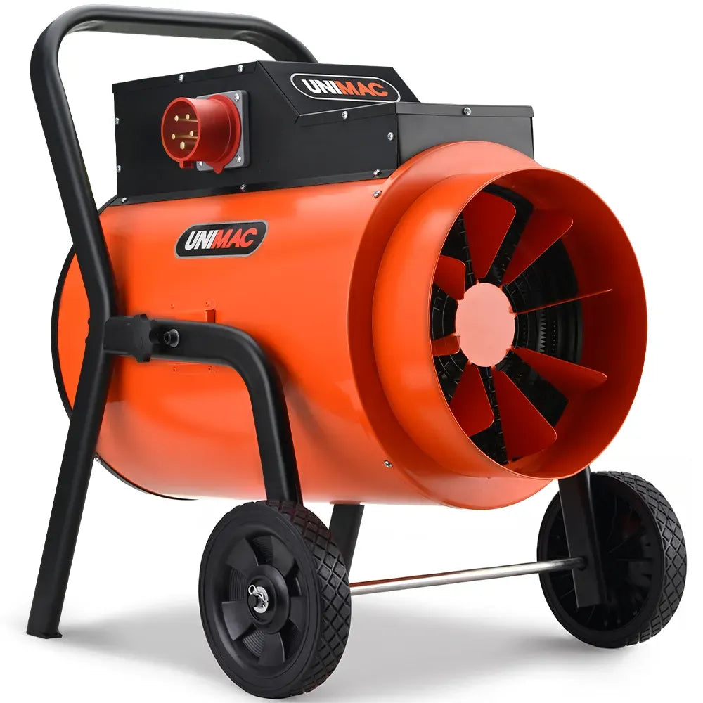 UNIMAC 15kW Portable Industrial Electric Space Fan Heater, 32A 3 Phase, Wheel Mounted, Adjustable Thermostat, High Power for Workshop and Warehouse Use