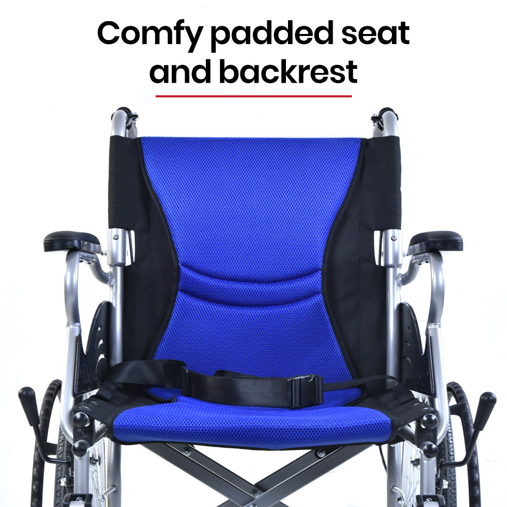 EQUIPMED Folding Aluminium Wheelchair, 20" Wheels, Park Brakes, 100kg Capacity, Blue