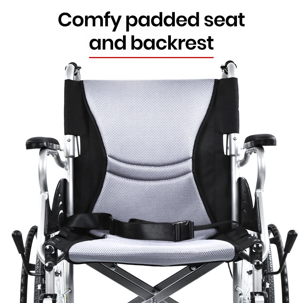 EQUIPMED Folding Aluminium Wheelchair, 20" Wheels, Park Brakes, 100kg Capacity, Grey/Black