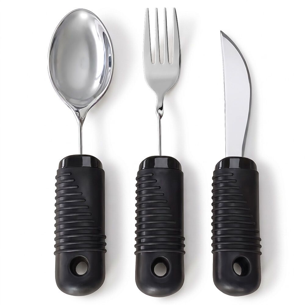 EQUIPMED Adaptive Non-slip Grip Cutlery Set, Bendable Fork and Spoon, Curved Easy Cut Knife, Large Ergonomic Handles, Arthritis &amp; Limited Dexterity Eating Aid