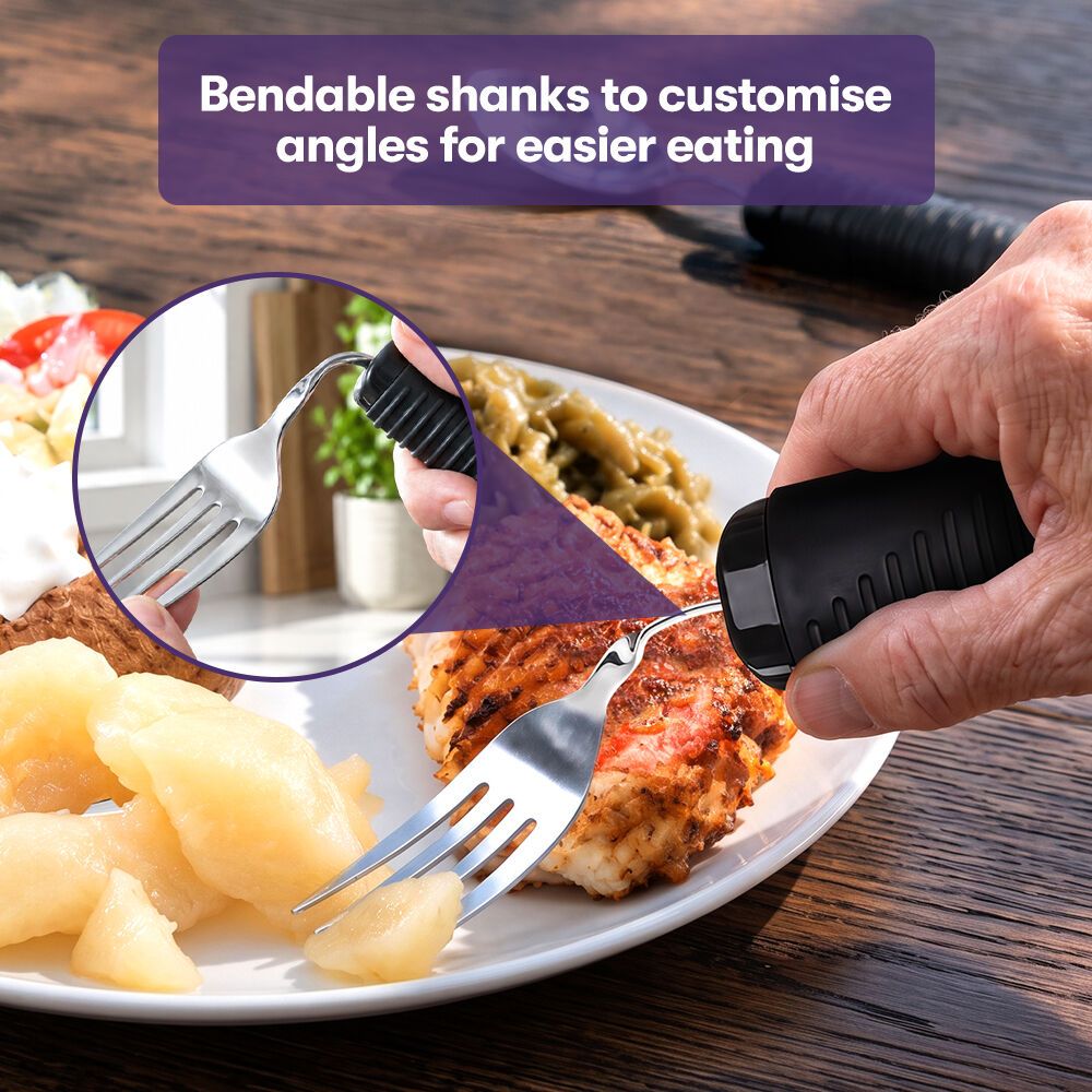 EQUIPMED Adaptive Non-slip Grip Cutlery Set, Bendable Fork and Spoon, Curved Easy Cut Knife, Large Ergonomic Handles, Arthritis & Limited Dexterity Eating Aid