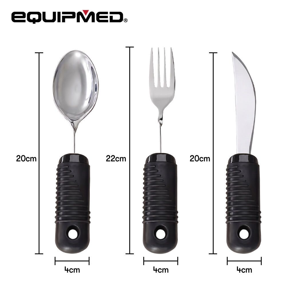 EQUIPMED Adaptive Non-slip Grip Cutlery Set, Bendable Fork and Spoon, Curved Easy Cut Knife, Large Ergonomic Handles, Arthritis & Limited Dexterity Eating Aid