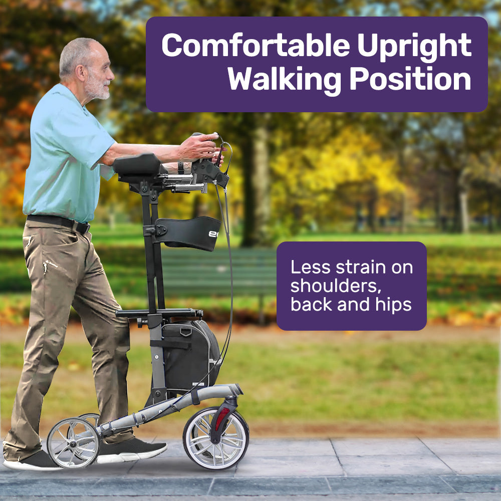 EQUIPMED Upright Rollator Walker with Forearm Rest Supports, Mobilty Aid with Seat, Grey