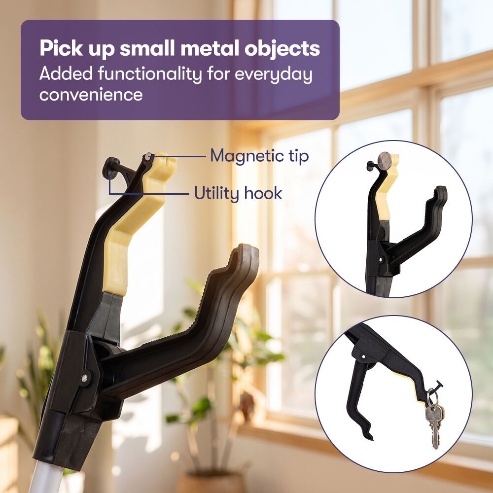 EQUIPMED 74cm Long Reach Grabber Reacher Aid, Deluxe Magnetic Pick Tip, Key Hook, Lockable Nonslip Rubber Jaws, Lightweight Alloy, Easy Reach for Seniors