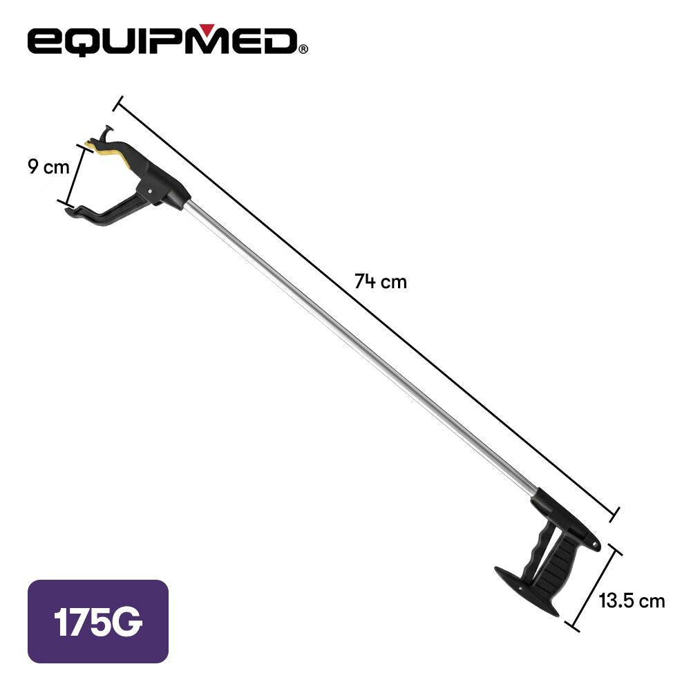 EQUIPMED 74cm Long Reach Grabber Reacher Aid, Deluxe Magnetic Pick Tip, Key Hook, Lockable Nonslip Rubber Jaws, Lightweight Alloy, Easy Reach for Seniors