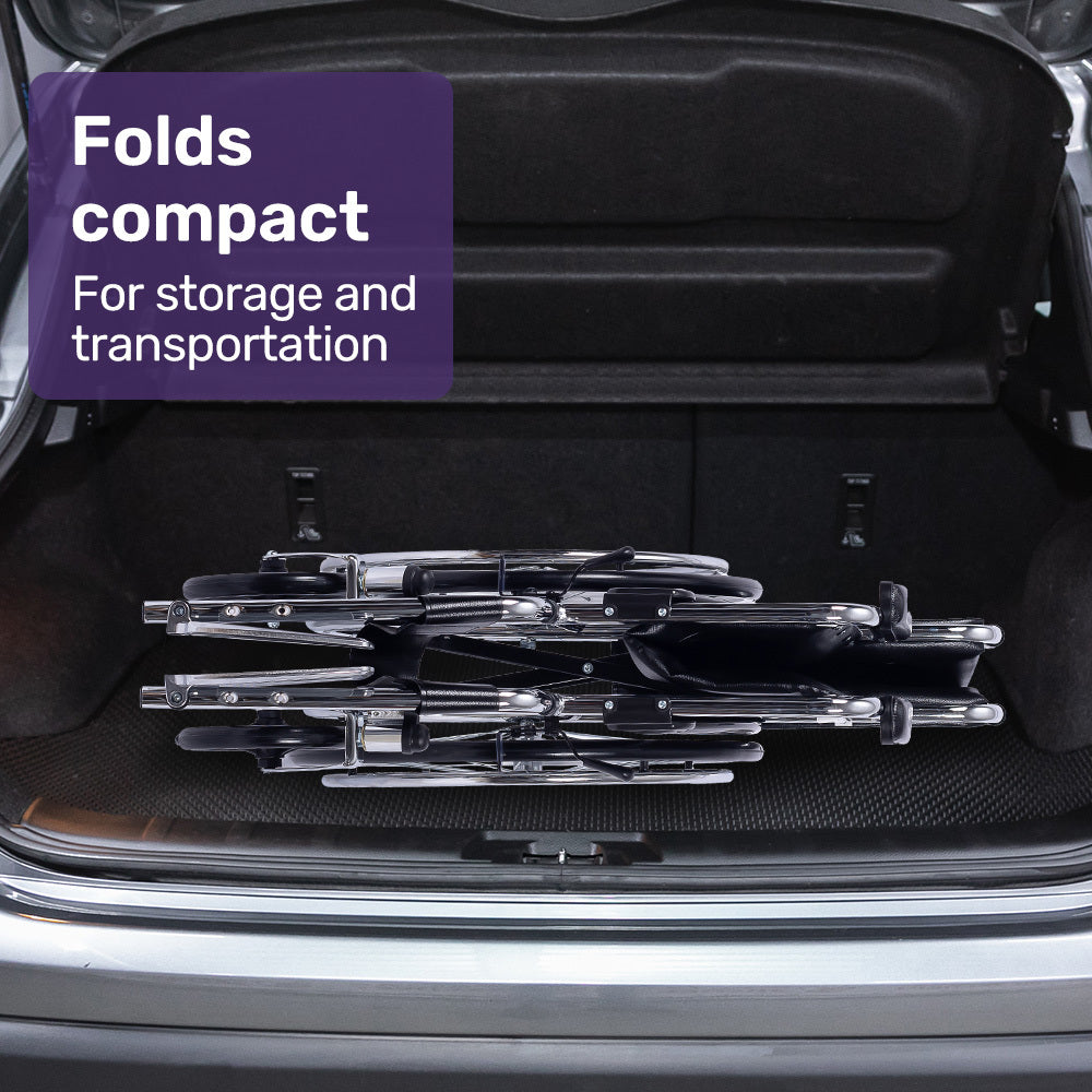 Equipmed Folding Manual Wheelchair Self Propelled, 24" Rear Wheels, Chrome Steel Frame, 46cm Wide Seat, 100kg Capacity, Park Brakes