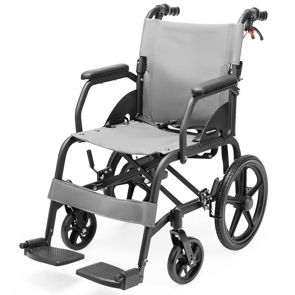 Equipmed Folding Transit Wheelchair, Lightweight Aluminium for Easy Transport, Grey