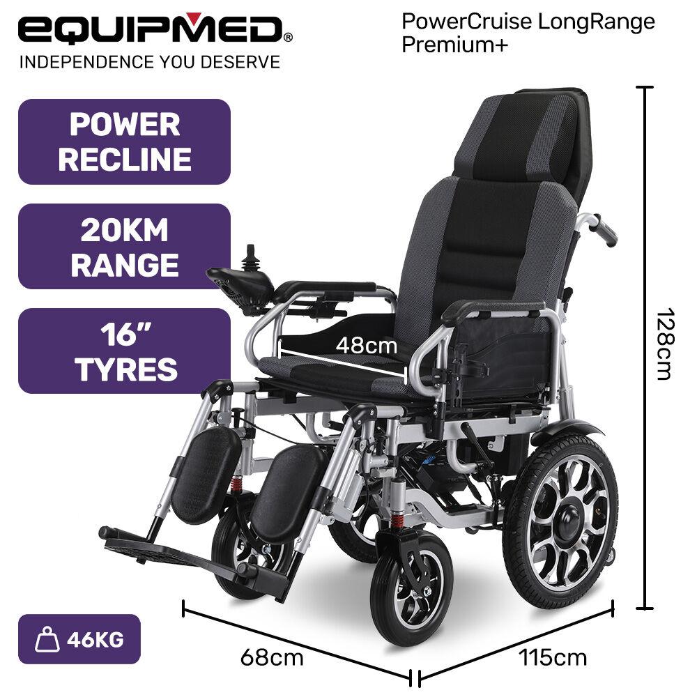 EQUIPMED Power Electric Wheelchair, Long Range, Auto Recline, Lithium Battery, 16" Rear Wheels, Headrest, Folding, Grey/Black