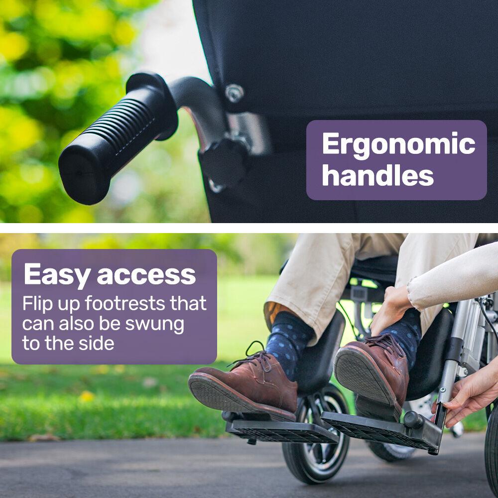 EQUIPMED Power Electric Wheelchair, Long Range, Auto Recline, Lithium Battery, 16" Rear Wheels, Headrest, Folding, Grey/Black