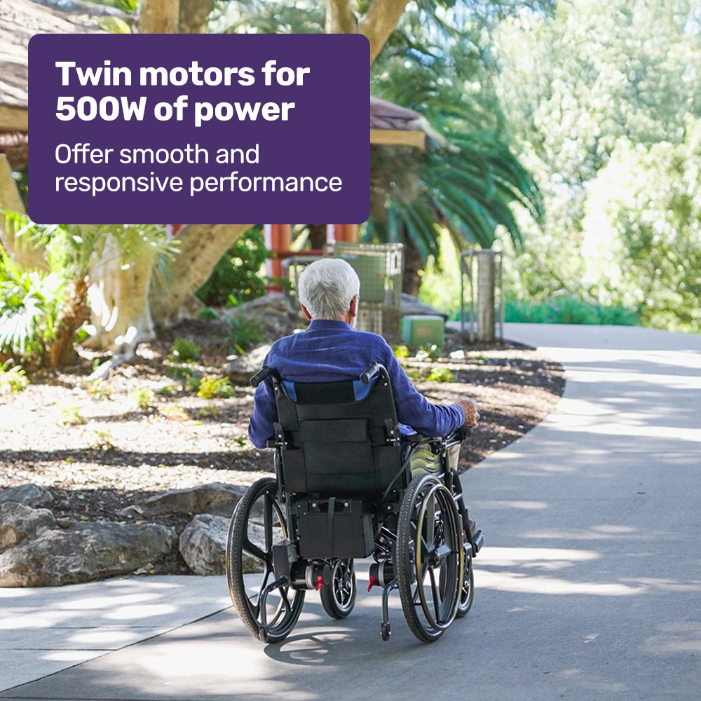 EQUIPMED Electric Wheelchair Folding, Long Range, Airline Approved, Lithium Battery, 24" Light Rear Wheels, Matte Black/Blue