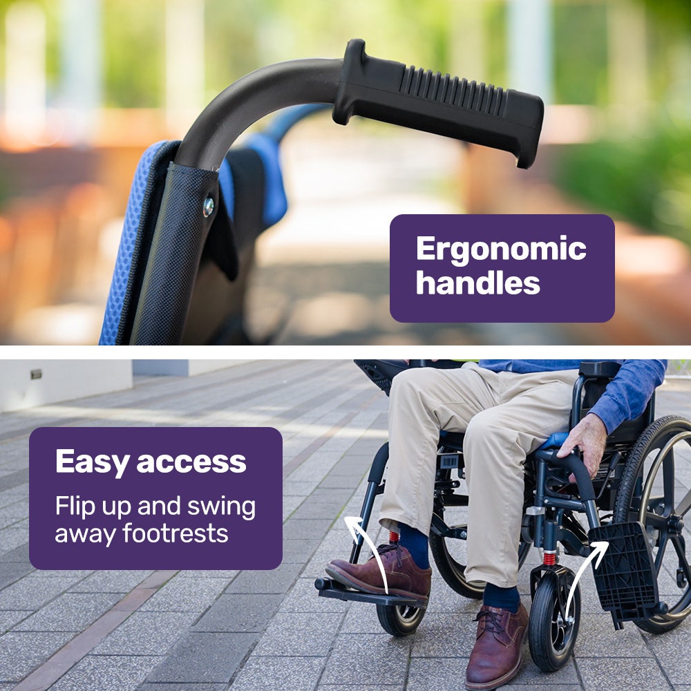 EQUIPMED Electric Wheelchair Folding, Long Range, Airline Approved, Lithium Battery, 24" Light Rear Wheels, Matte Black/Blue