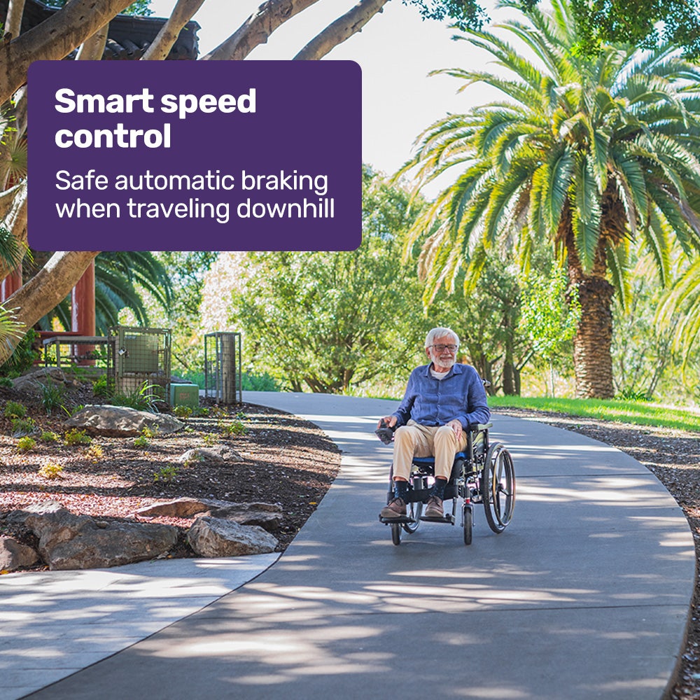 EQUIPMED Electric Wheelchair Folding, Long Range, Airline Approved, Lithium Battery, 24" Light Rear Wheels, Matte Black/Blue