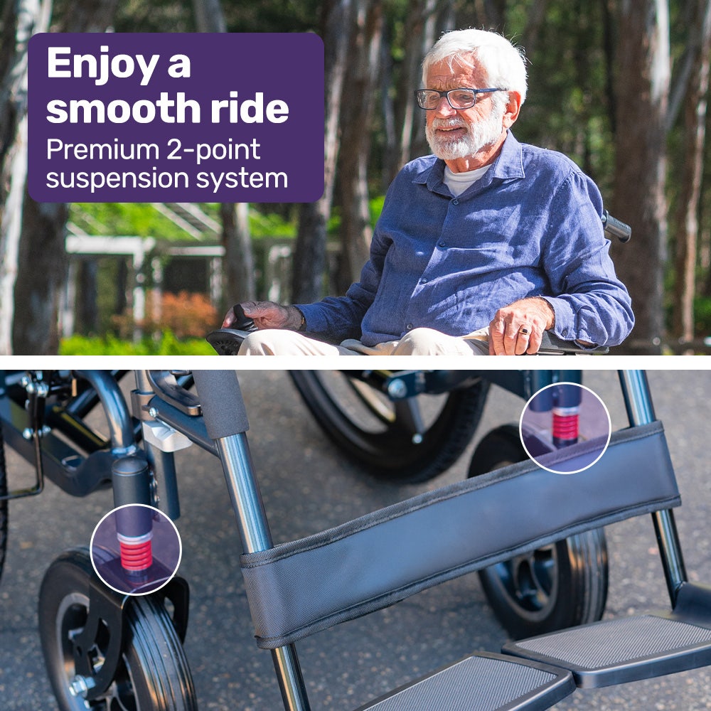 EQUIPMED Electric Wheelchair Folding, Long Range, Airline Approved, Lithium Battery, 24" Light Rear Wheels, Matte Black/Blue